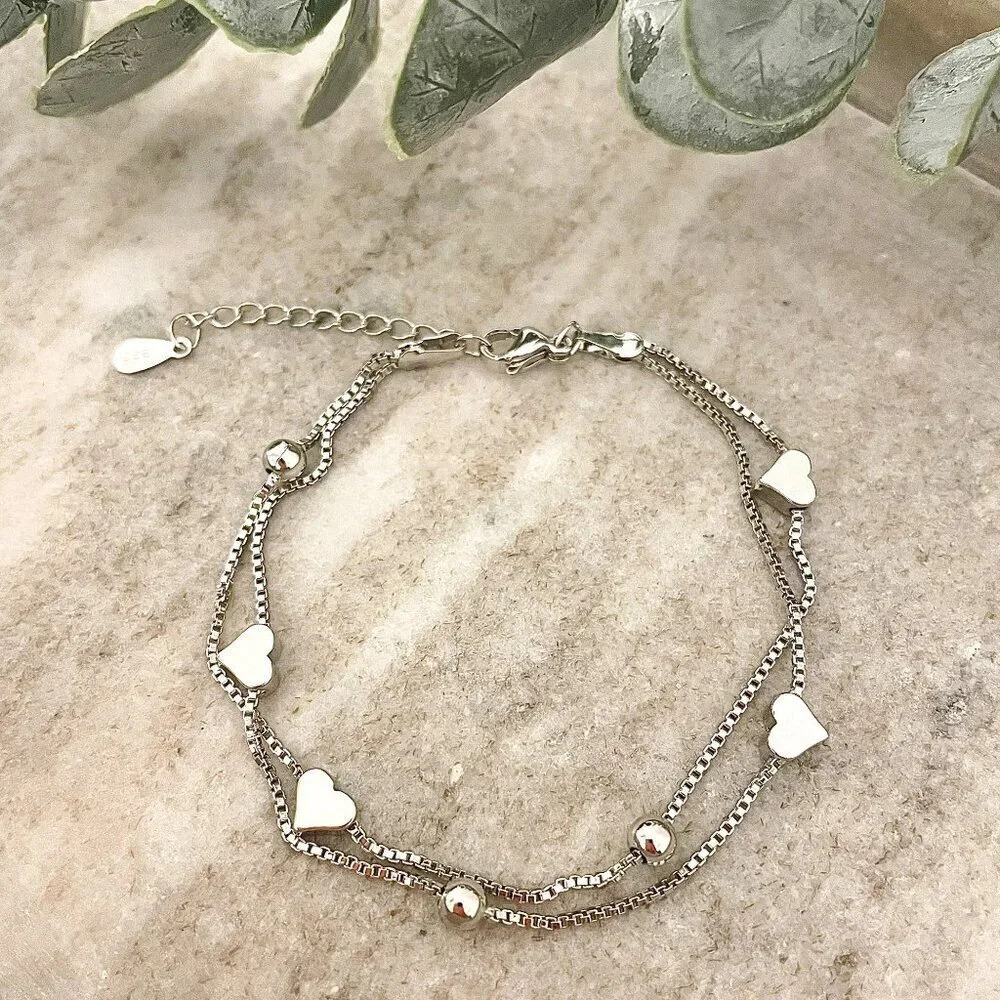 925 Sterling Silver Heart Charm Bracelet Dainty Bead Layer Bracelet